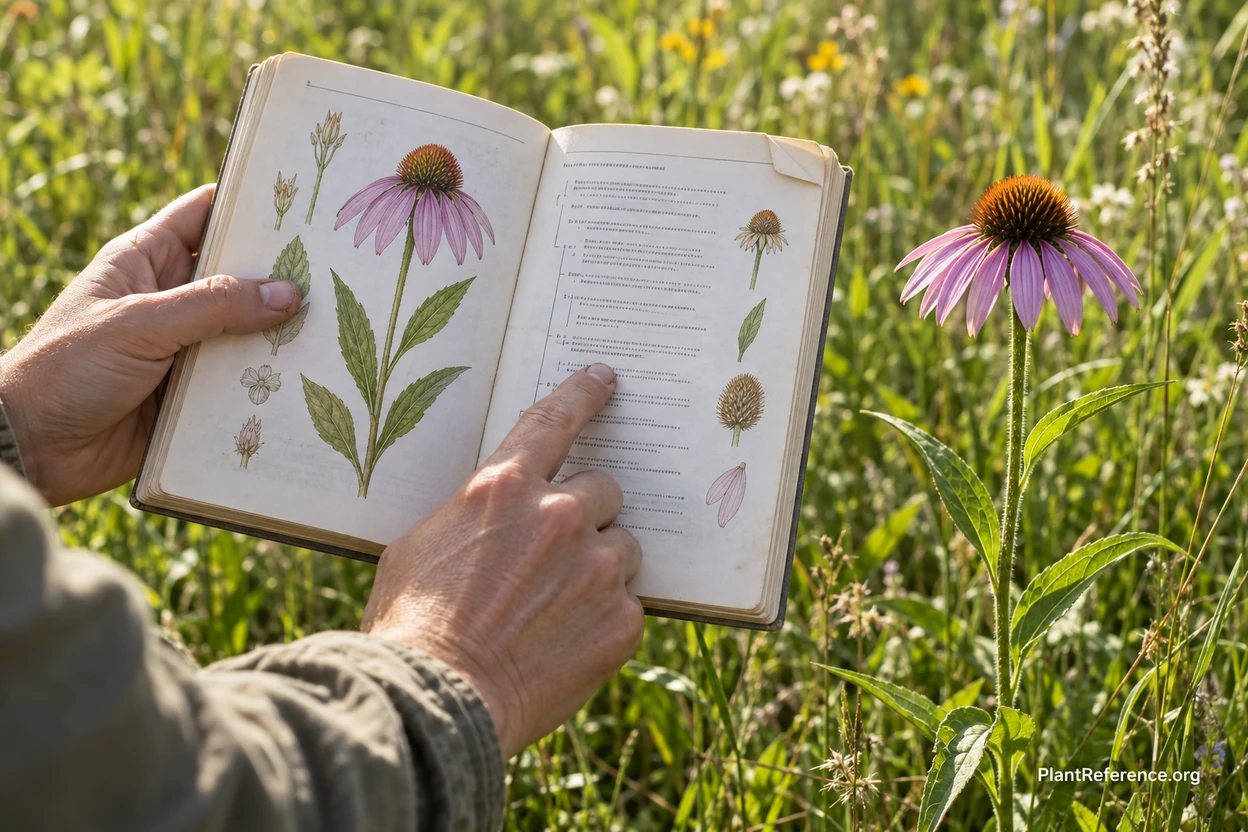 Hands using a wildflower field guide identification key beside a blooming purple wildflower