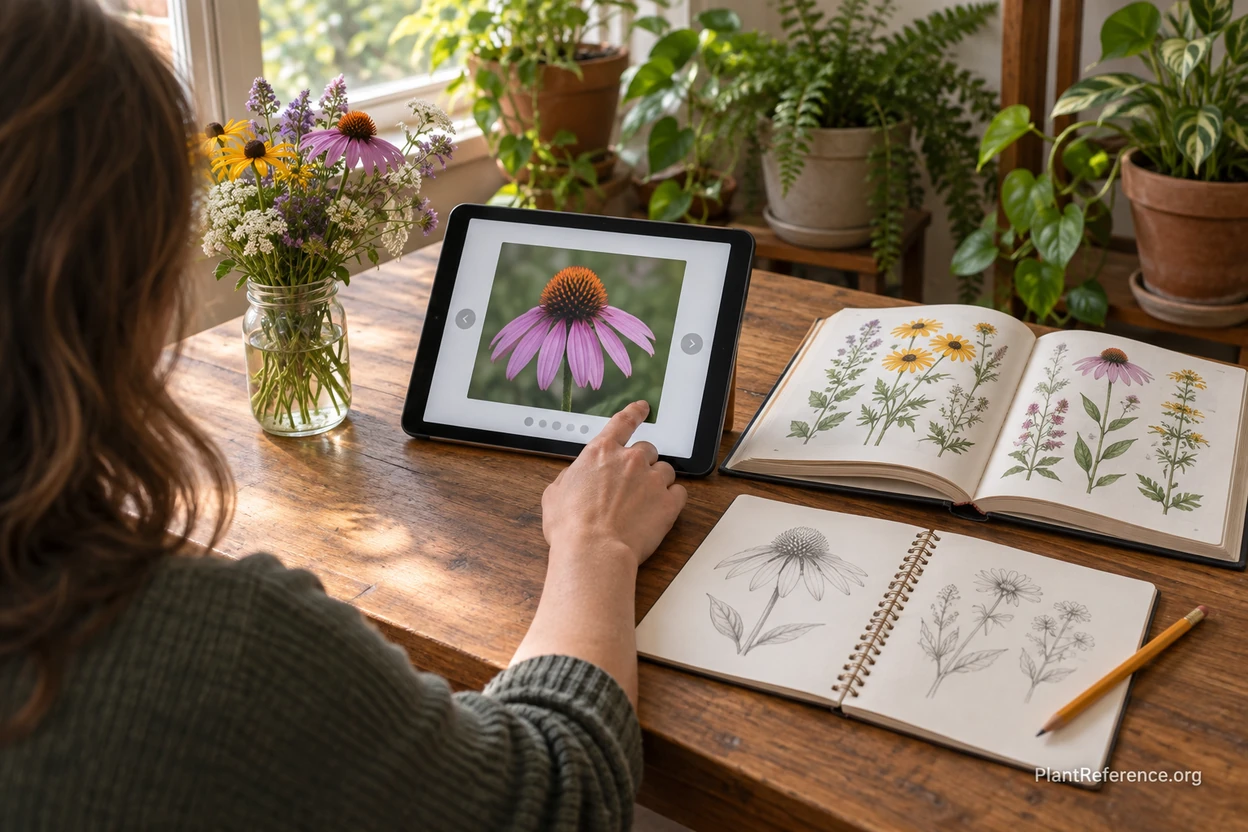 Person studying wildflower flashcards on a tablet next to an open field guide at a desk