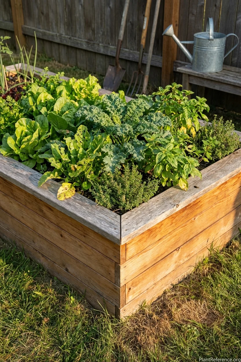 Cedar raised garden bed maintaining excellent structural condition after 18 months with thriving vegetable plants