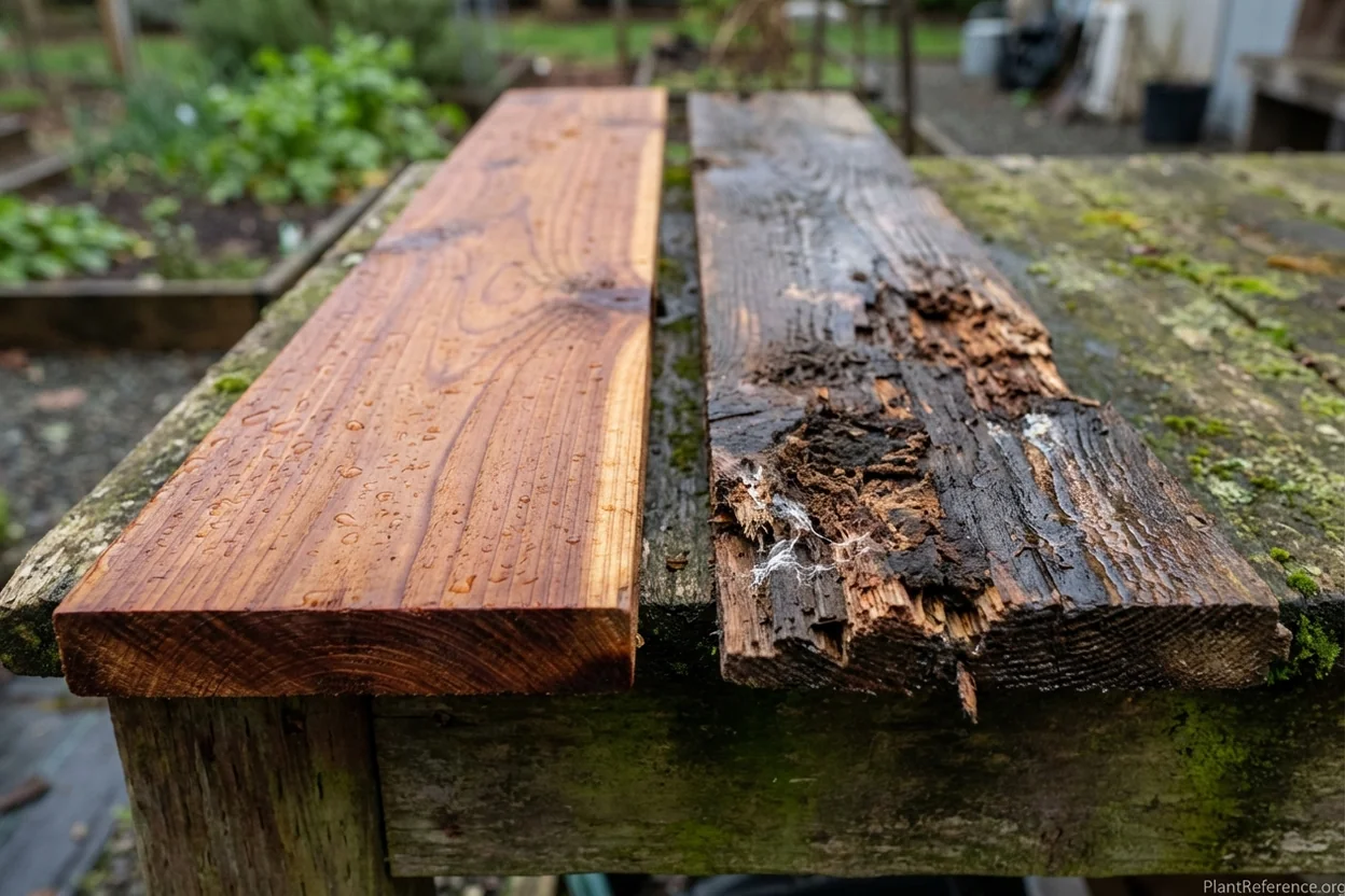 Cedar and pine board comparison after 18 months showing cedar in excellent condition and pine with significant rot damage