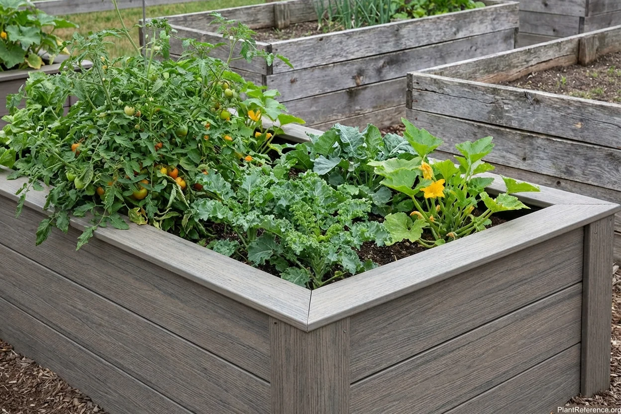 Composite lumber raised garden bed maintaining like-new appearance after 18-month durability test