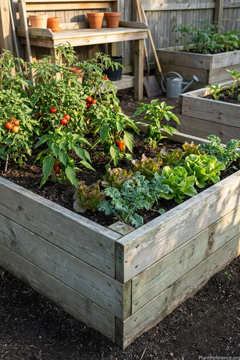 Pressure-treated lumber raised garden bed performing well after durability testing with thriving vegetables