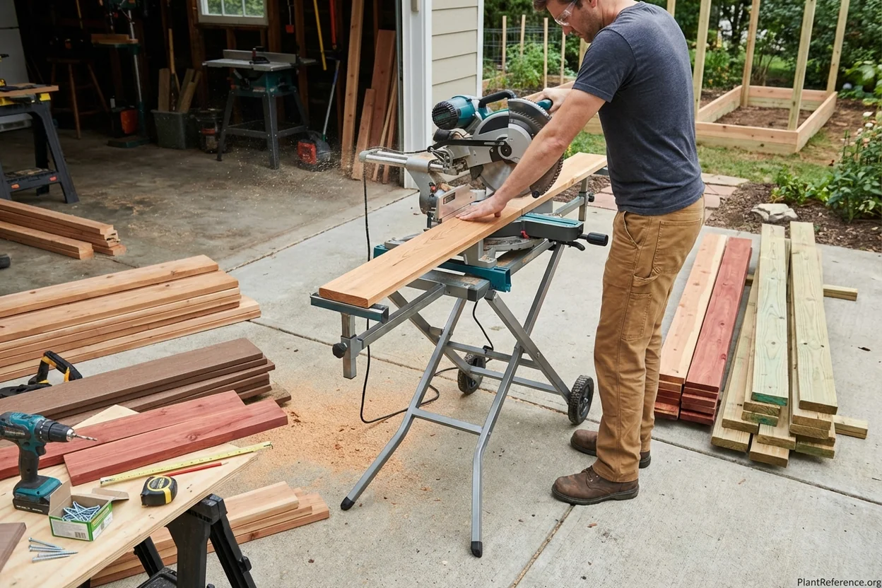 Workshop preparation showing different lumber types being cut and fitted for raised garden bed construction