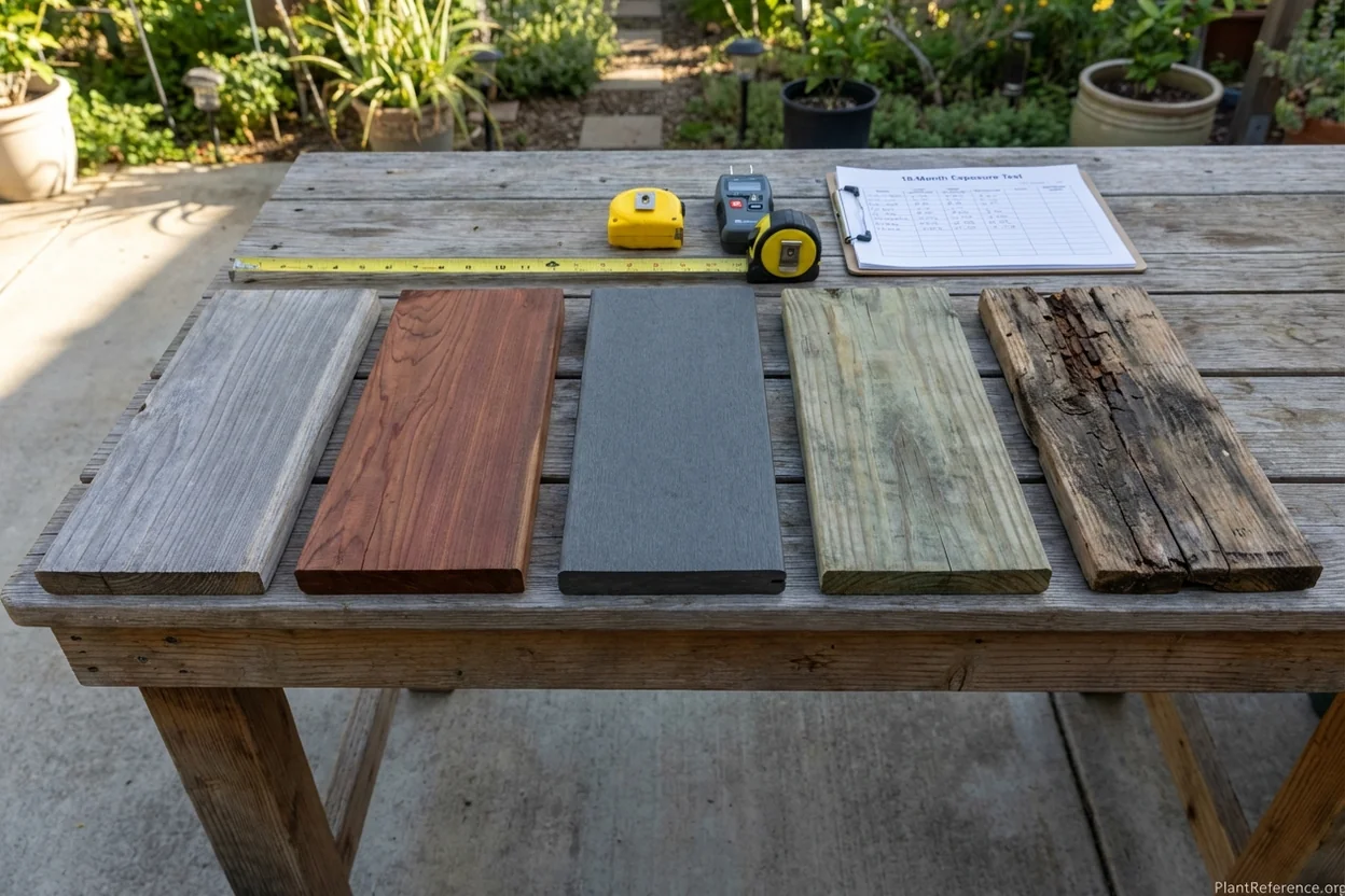 Wood durability test results showing cedar, redwood, composite, treated, and pine lumber after 18 months exposure