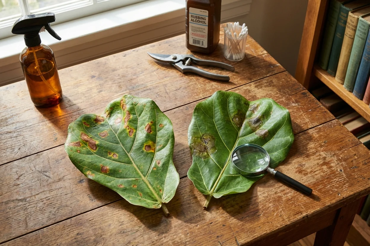 Comparison of bacterial and fungal brown spot infections on fiddle leaf fig