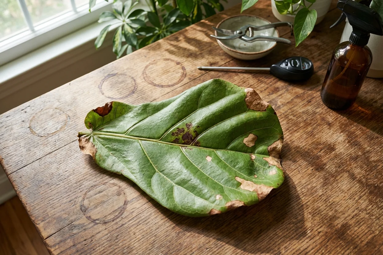 Fiddle leaf fig leaf diagram showing brown spot locations for different causes