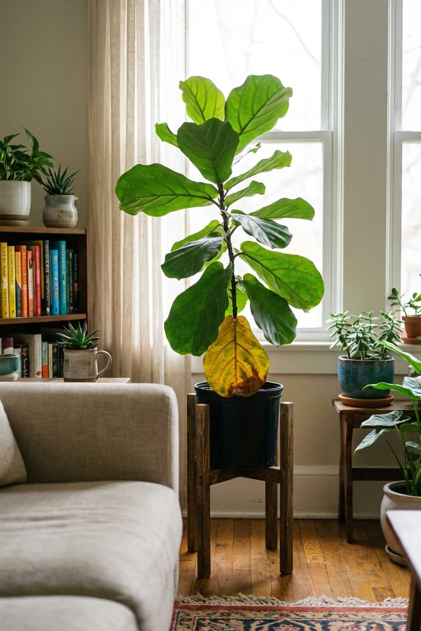 Fiddle leaf fig with healthy growth and natural aging of lower leaf