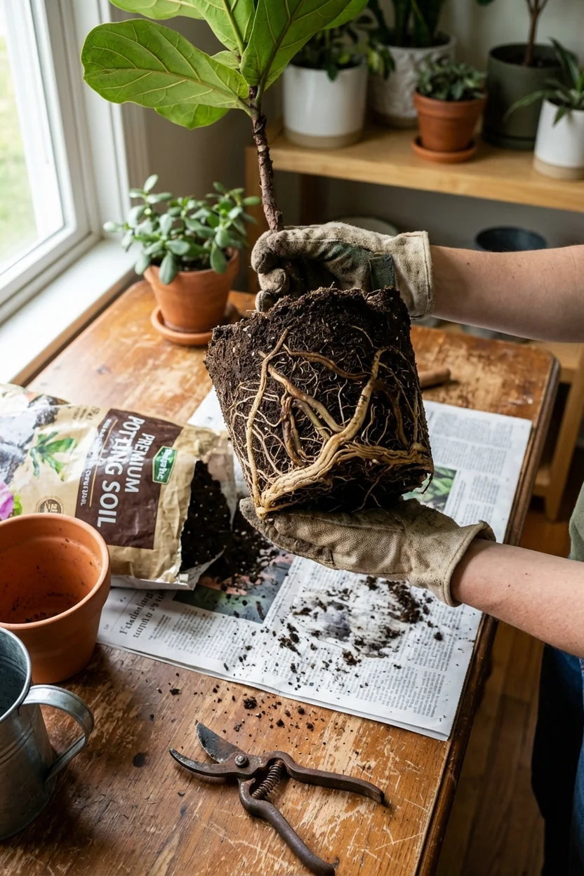 Healthy versus rotted fiddle leaf fig roots showing diagnosis criteria