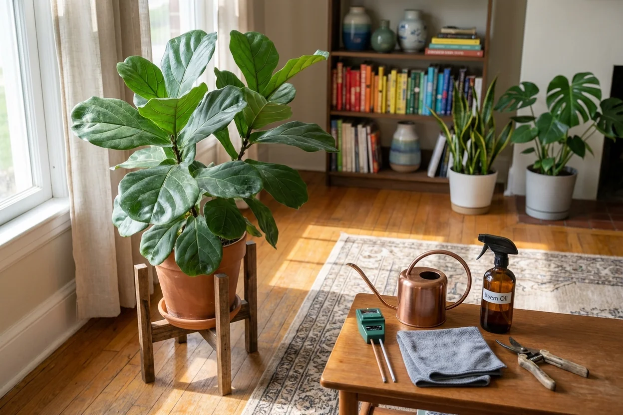 Healthy fiddle leaf fig with vibrant leaves showing results of proper care