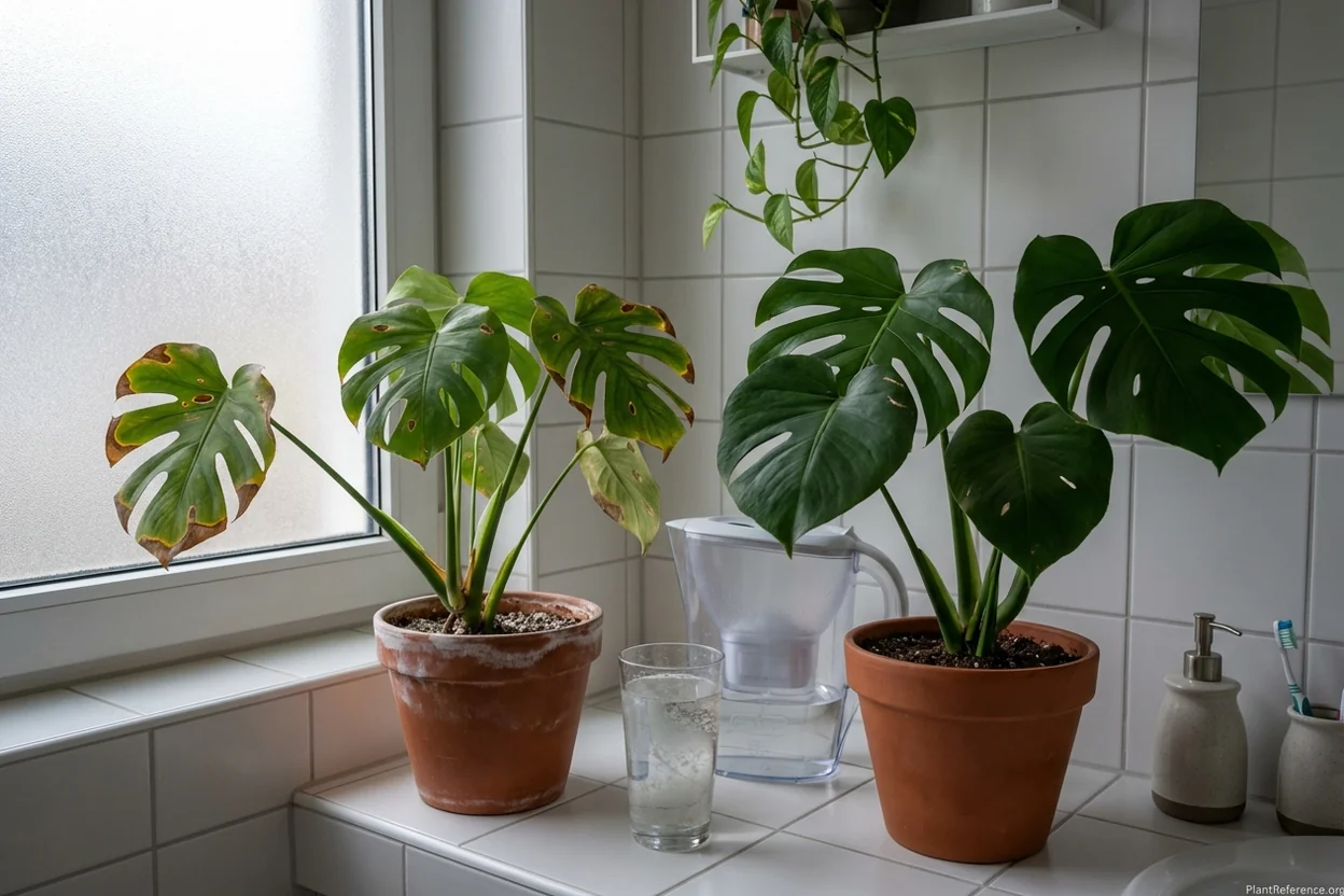 Monstera leaves showing brown spots and mineral damage from hard tap water versus healthy filtered water growth
