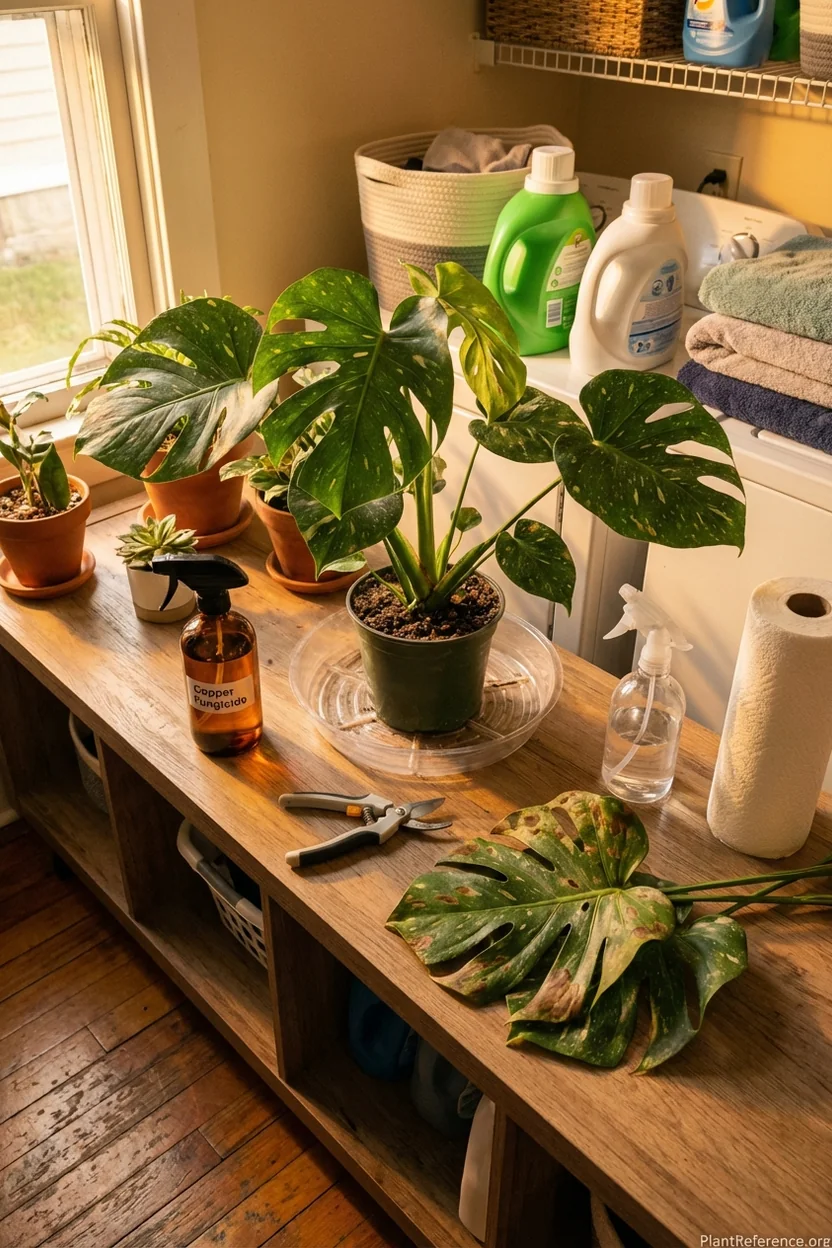 Monstera plant isolation setup with copper fungicide, pruning shears, and treatment supplies for brown spot emergency