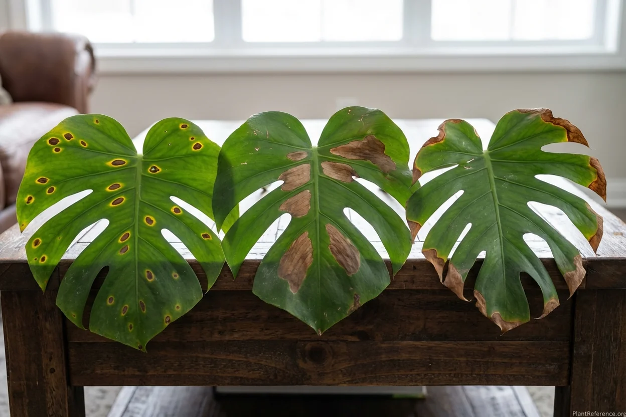 Different types of brown spots on monstera leaves showing fungal infection versus sunburn damage
