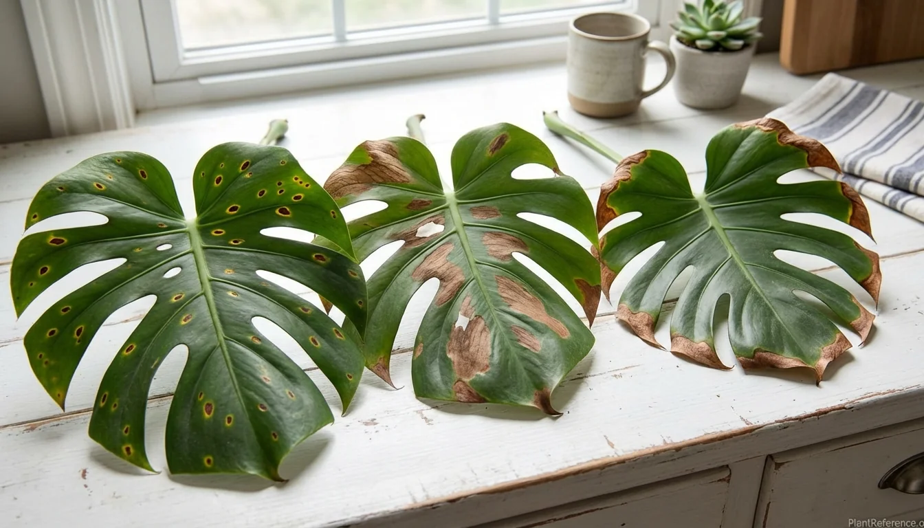 Monstera deliciosa leaves displaying different types of brown spots for plant troubleshooting diagnosis