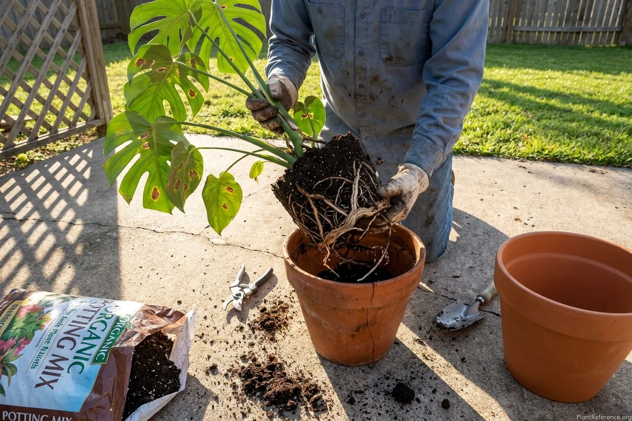 Repotting monstera with brown spots showing healthy white roots versus damaged brown roots for plant rescue