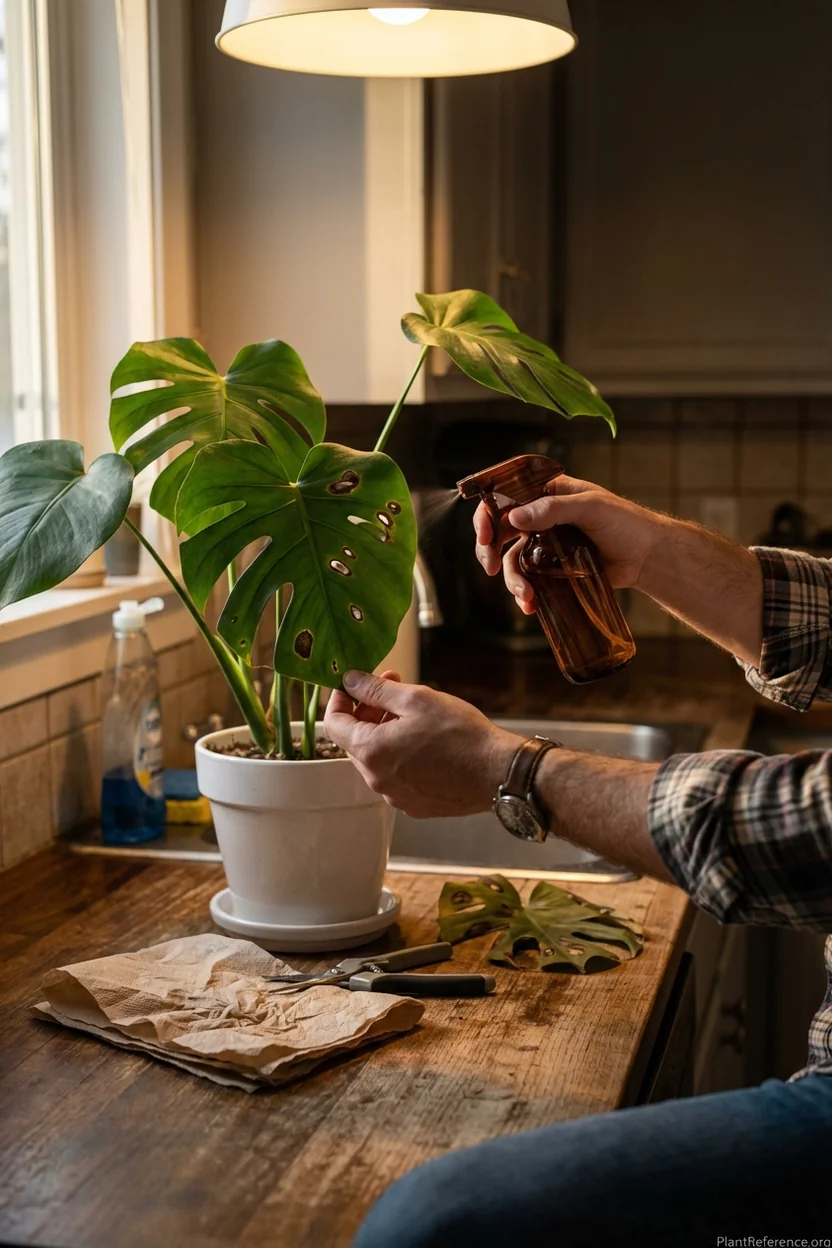 Hands applying copper fungicide to monstera leaf with bacterial brown spots for plant disease treatment
