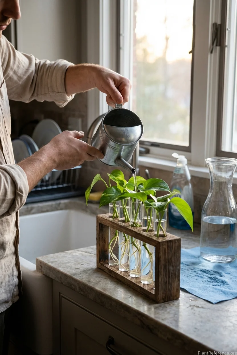 Hands changing water in multi-tube propagation station for hydroponic pothos care