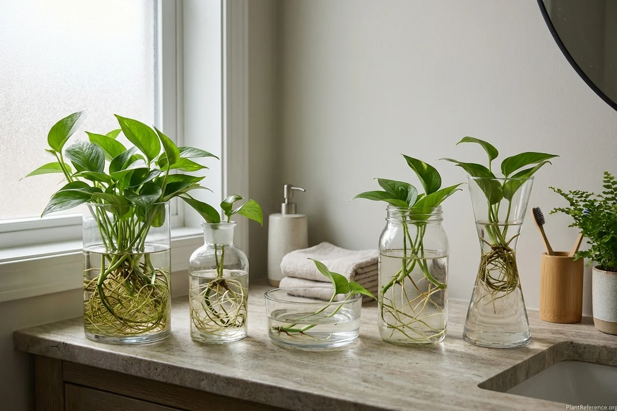 Different sized glass vessels comparing ideal versus problematic containers for water-grown pothos
