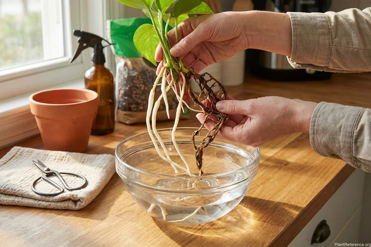 Comparison of healthy white hydroponic roots versus brown damaged roots needing removal