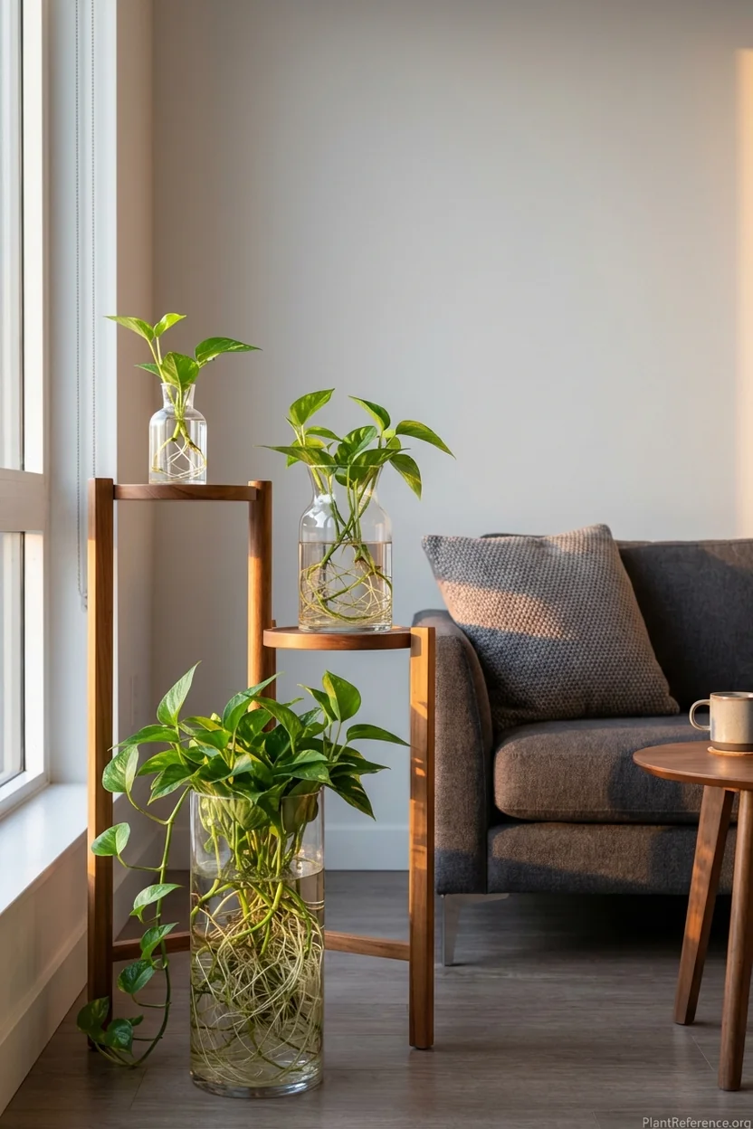 Stylish living room display featuring hydroponic pothos in different decorative glass containers