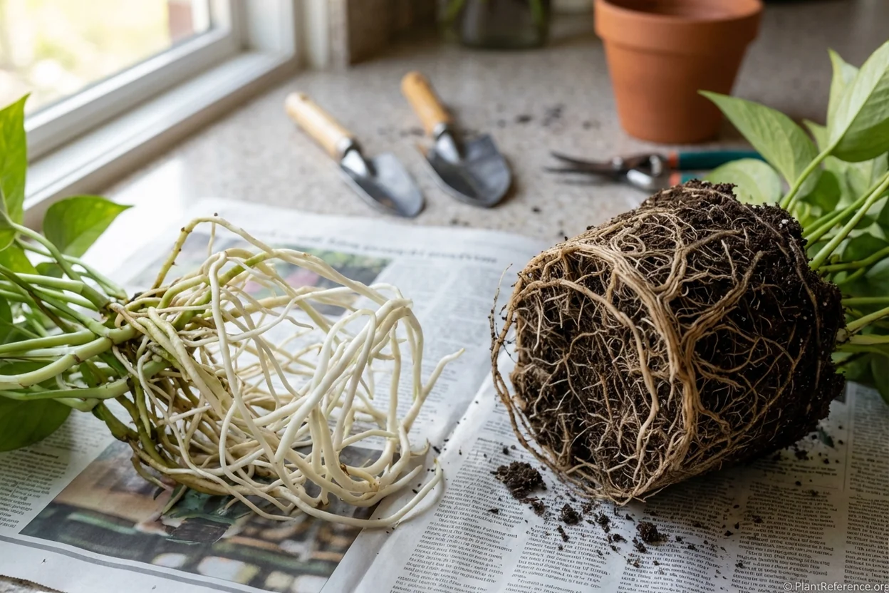 Comparison showing thick white hydroponic roots versus thin soil-adapted roots