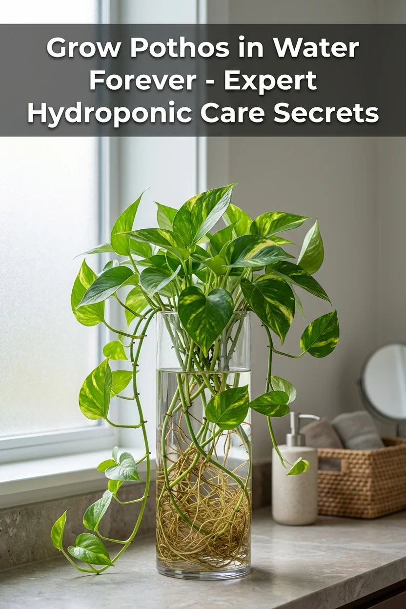 Pothos growing permanently in water with care guide text overlay
