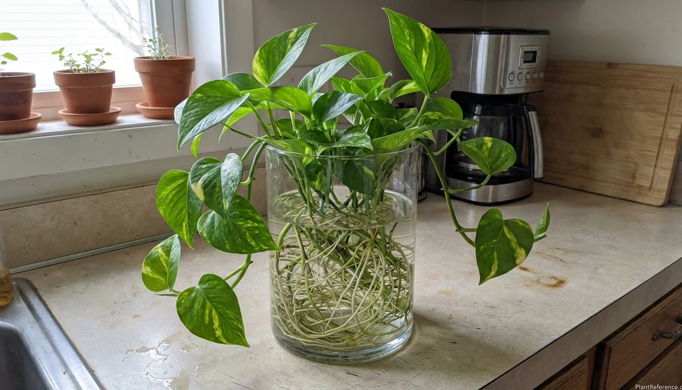Golden pothos thriving permanently in water with healthy white root system