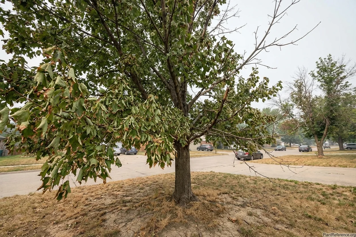 Urban tree suffering from drought stress showing wilted foliage and branch dieback from climate change