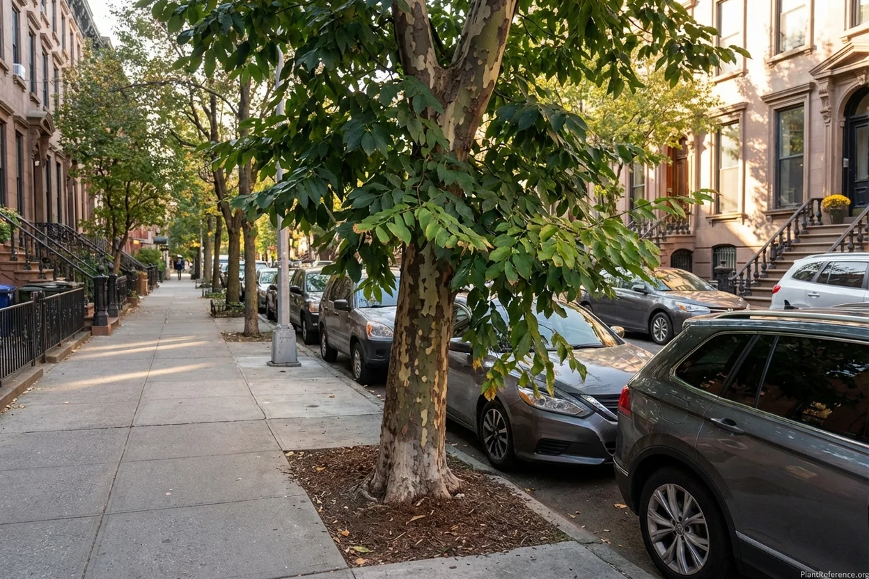 Persian ironwood tree thriving in urban environment showing climate resilient characteristics
