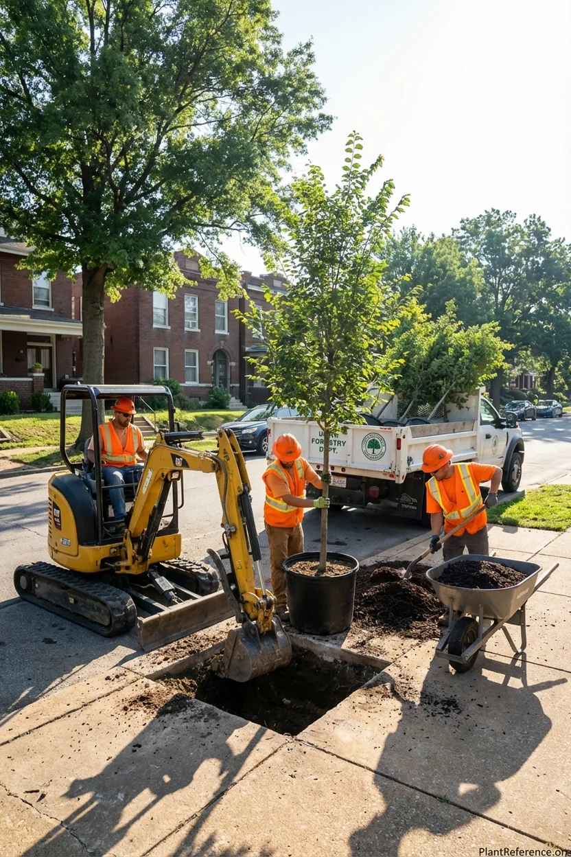 Tree planting crew installing climate resilient trees as part of urban forest climate adaptation plan