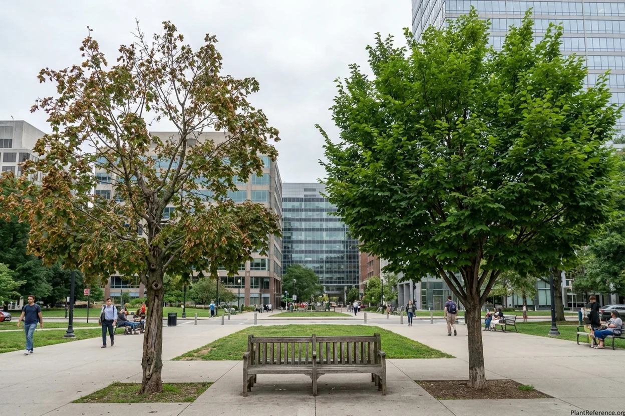 Comparison showing traditional tree species struggling next to thriving climate adapted trees in urban environment