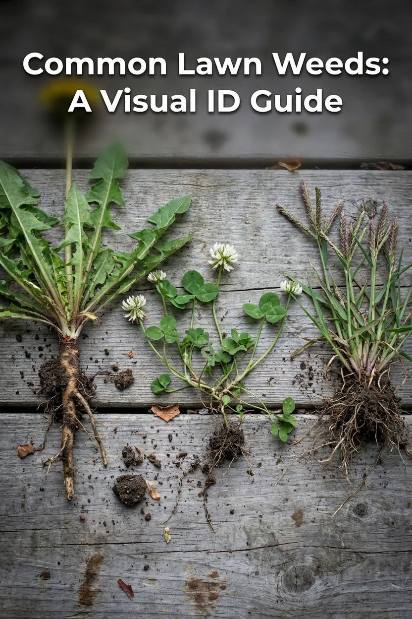 Common lawn weeds identification guide for homeowners pin showing dandelion clover and crabgrass