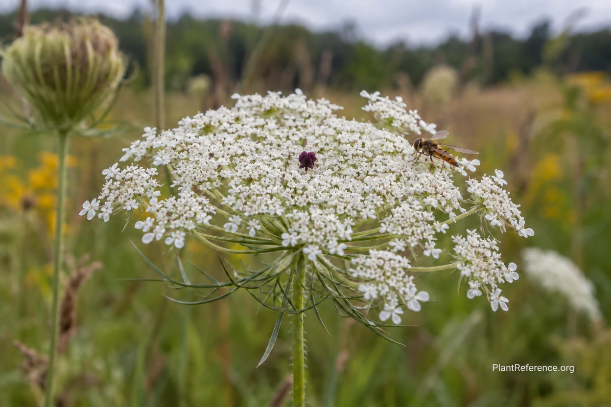 Flat white compound umbel of a carrot family wildflower showing umbrella-like flower structure