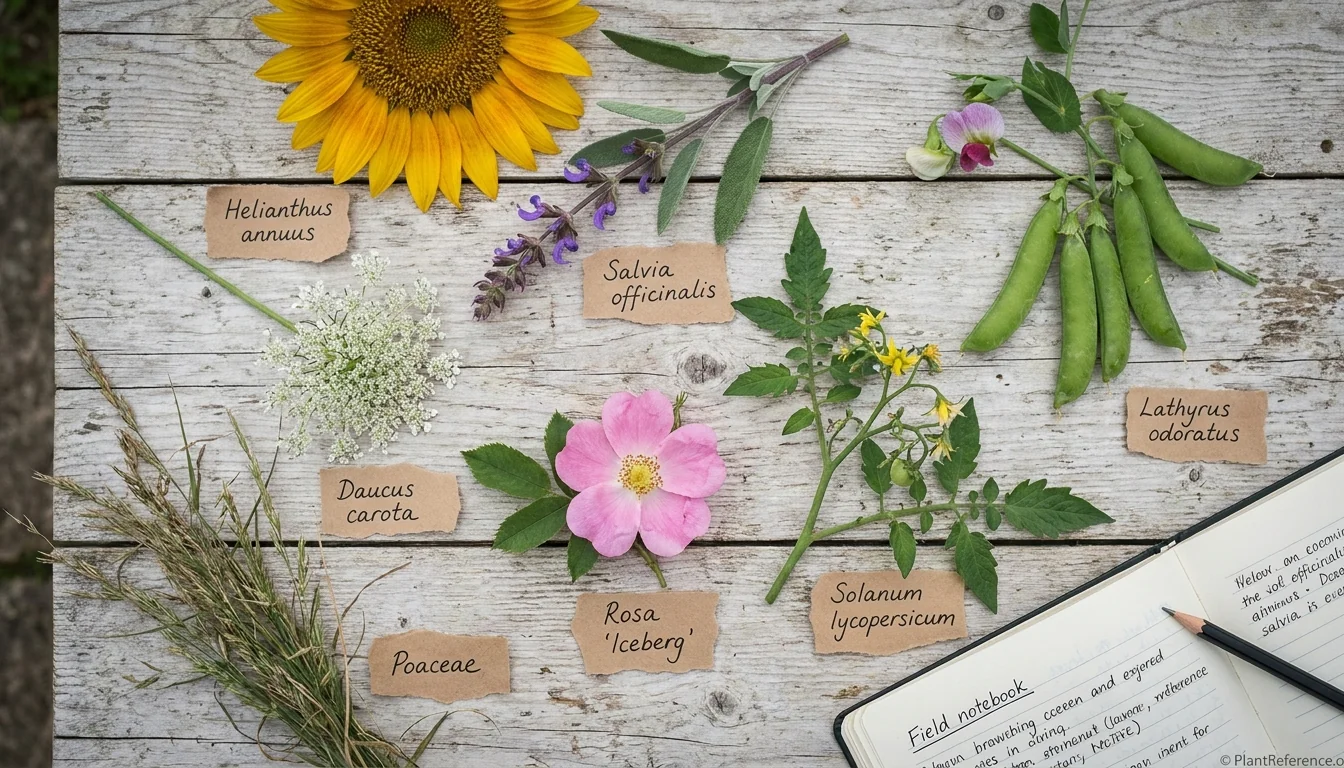 Representative flowers and leaves from ten common plant families arranged for identification study