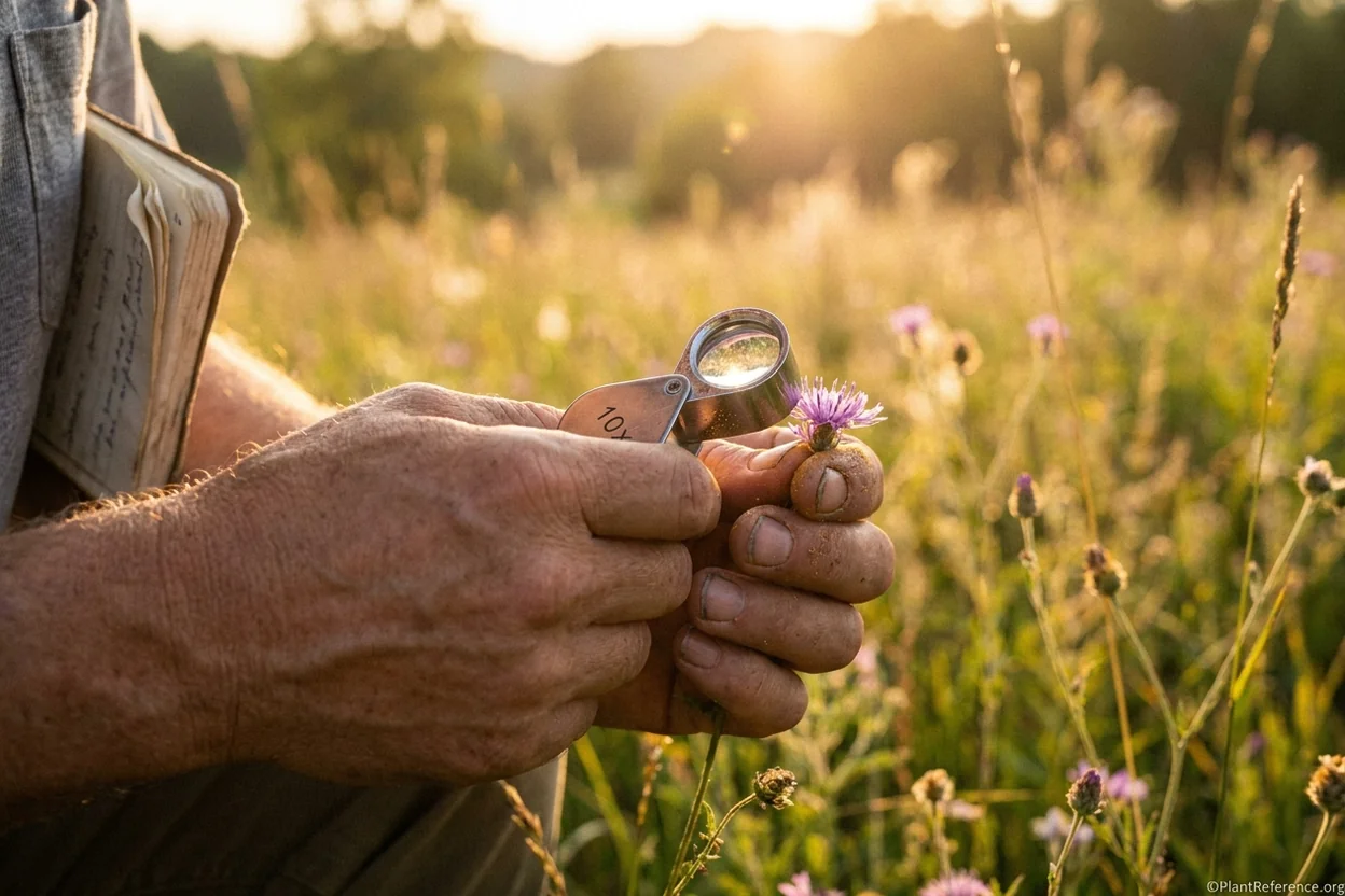 A naturalist using a hand lens to study a flower's petals and symmetry for family identification