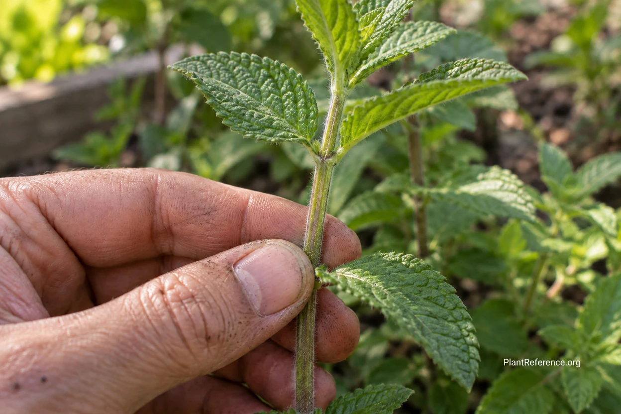 A hand rolling a square mint family stem showing four corners and opposite aromatic leaves