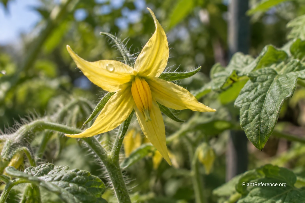 Yellow tomato flower with fused five-pointed star petals and a central cone of stamens