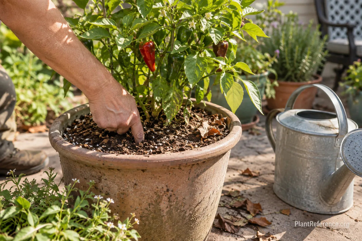Hand checking potting mix moisture in a container vegetable garden