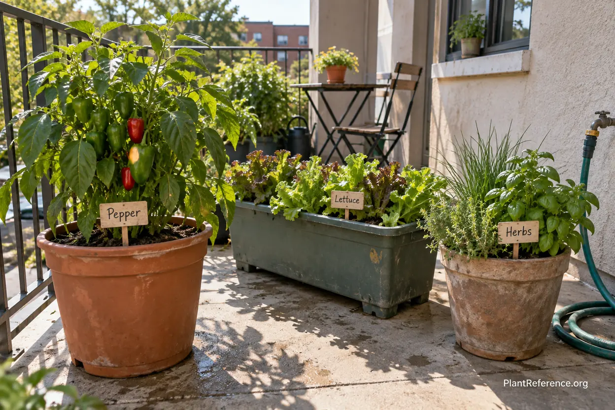 Small patio container gardening layout with tall peppers, greens, and herbs