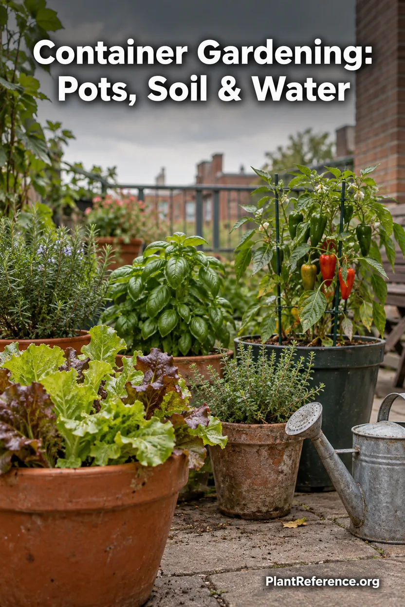 Container gardening guide showing pots, herbs, lettuce, and patio vegetables