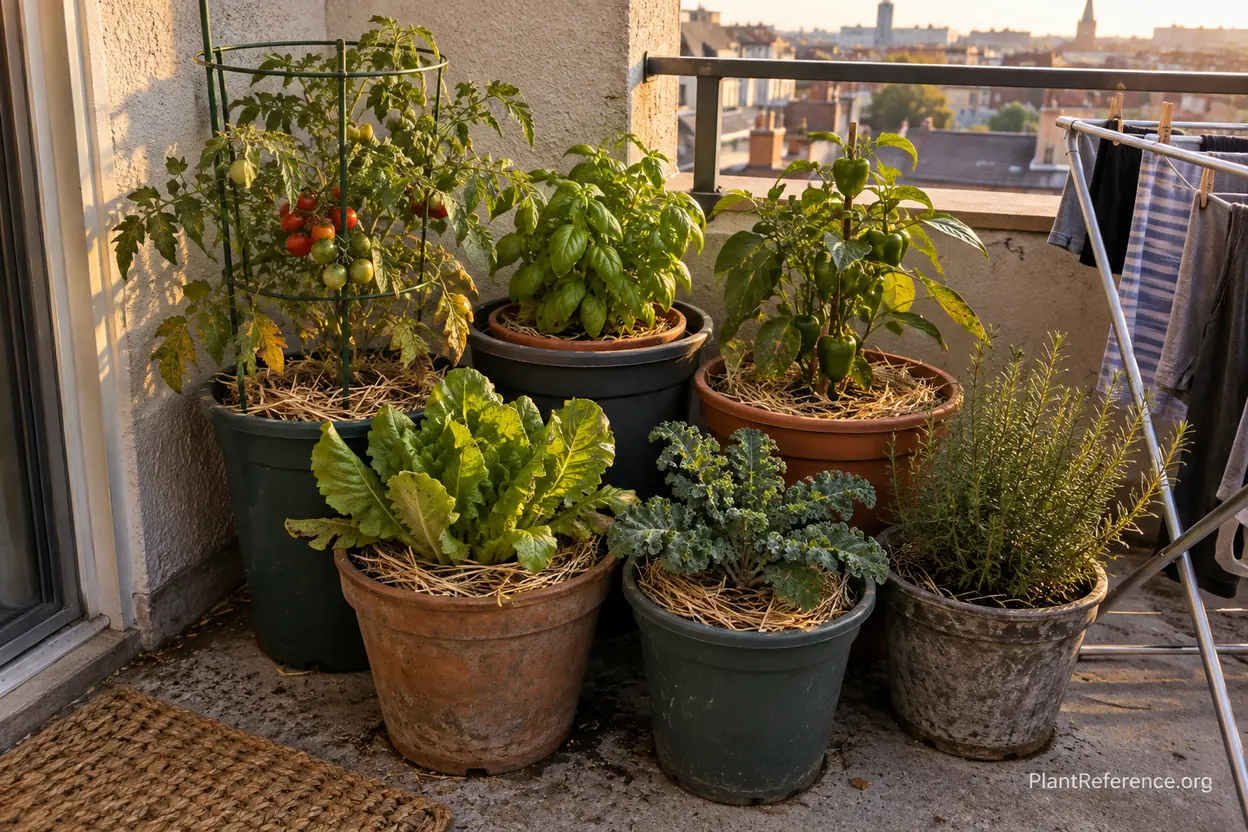 Grouped and mulched container plants on a small apartment balcony to reduce drying