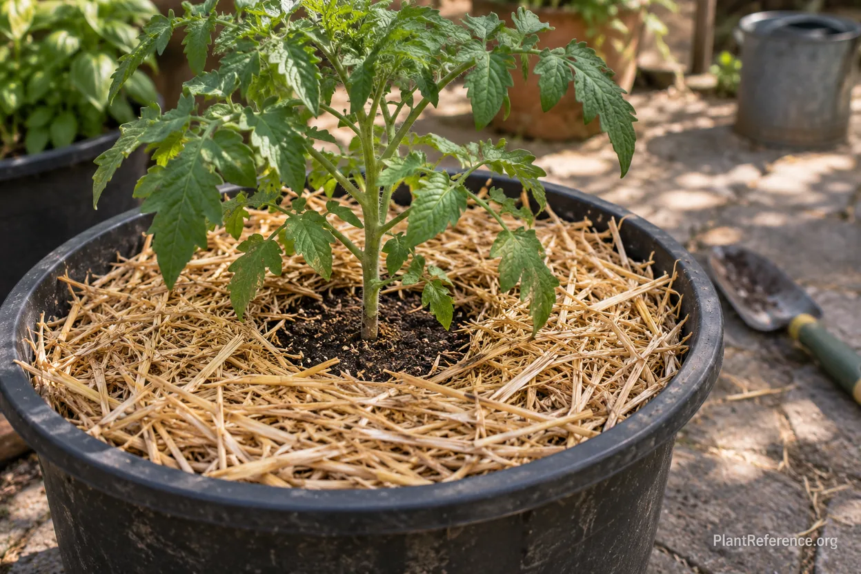 Straw mulch layer on container soil to reduce water loss in a pot