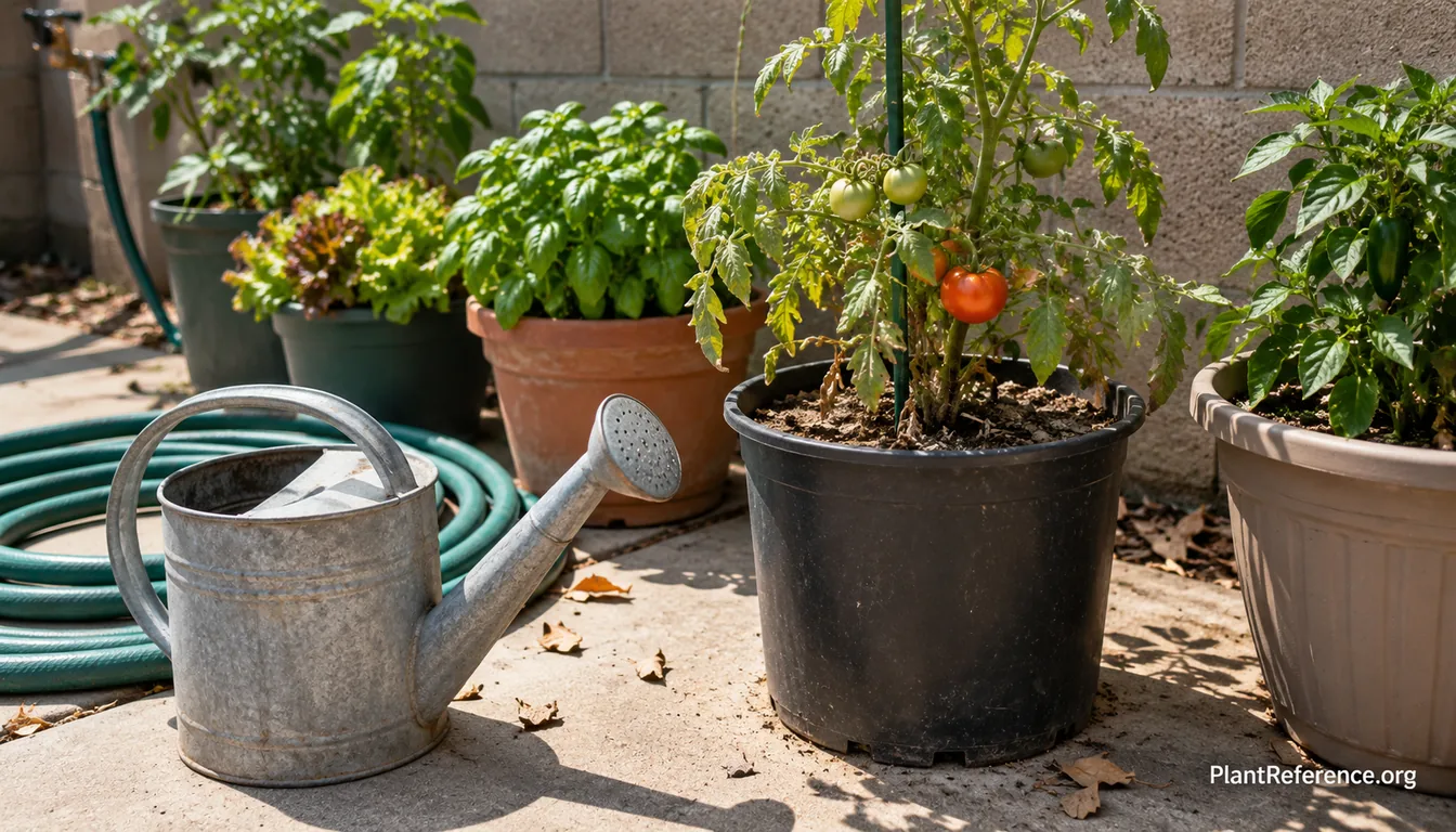 Container plants drying out on a hot patio with dry soil pulling away from the pot edge