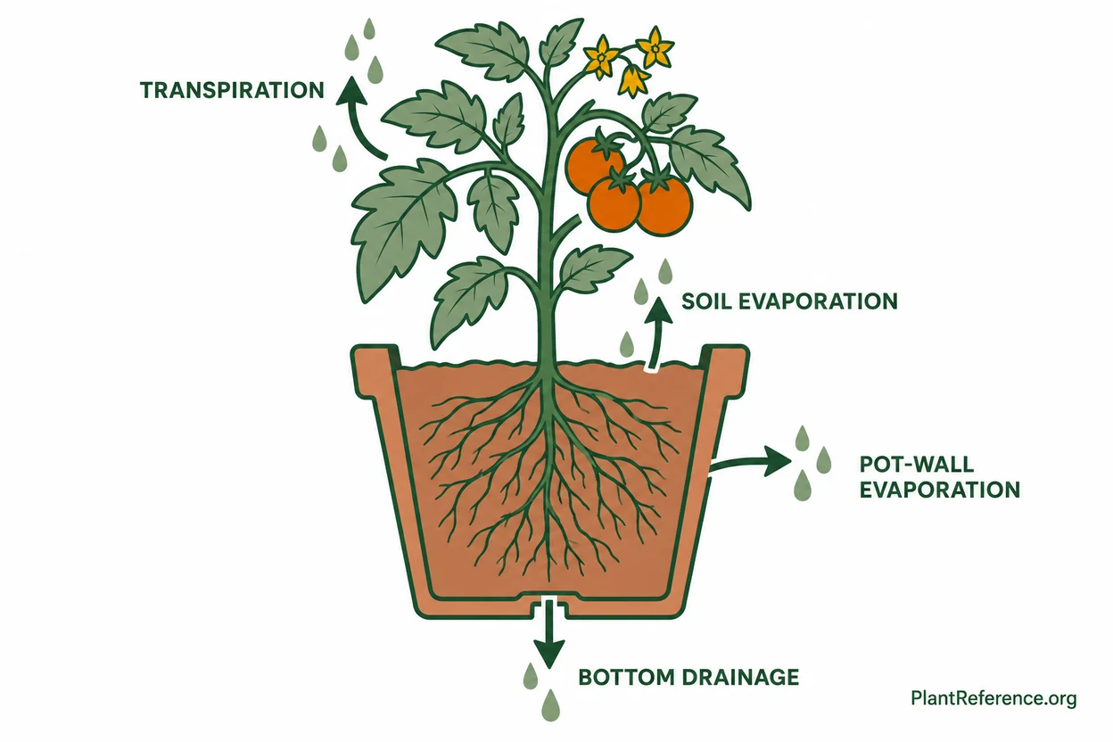 Diagram of the four ways container plants lose water through leaves, soil surface, pot walls, and drainage