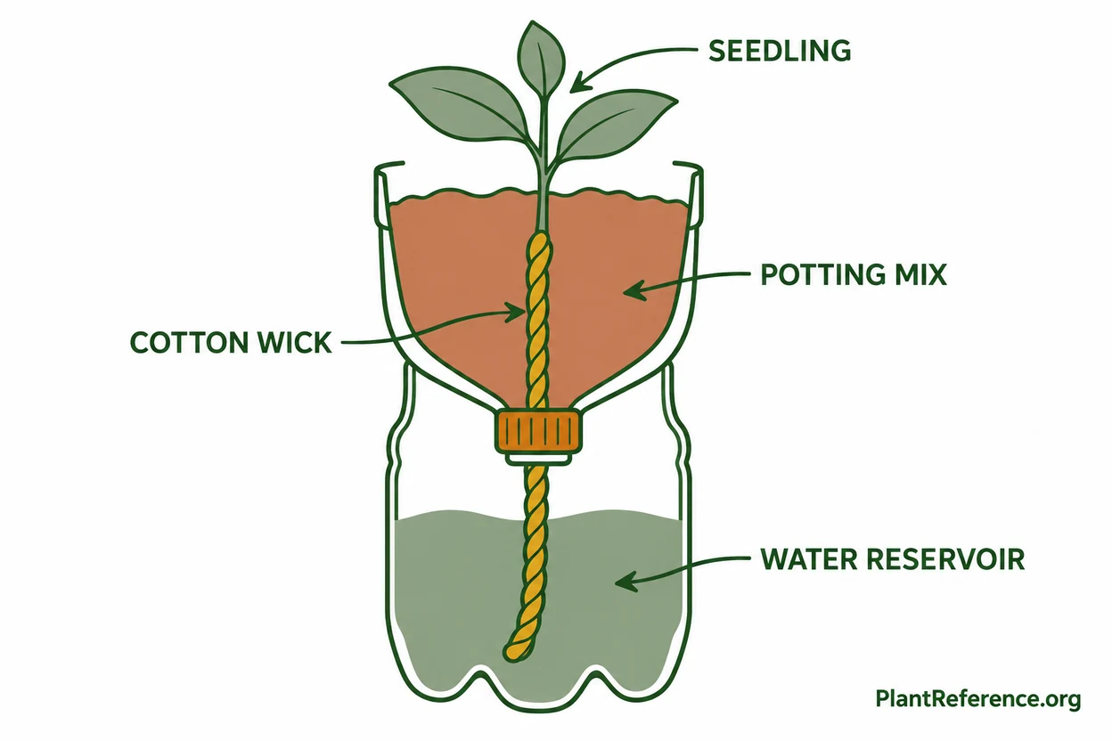 Diagram of a DIY self-watering container with reservoir and cotton wick