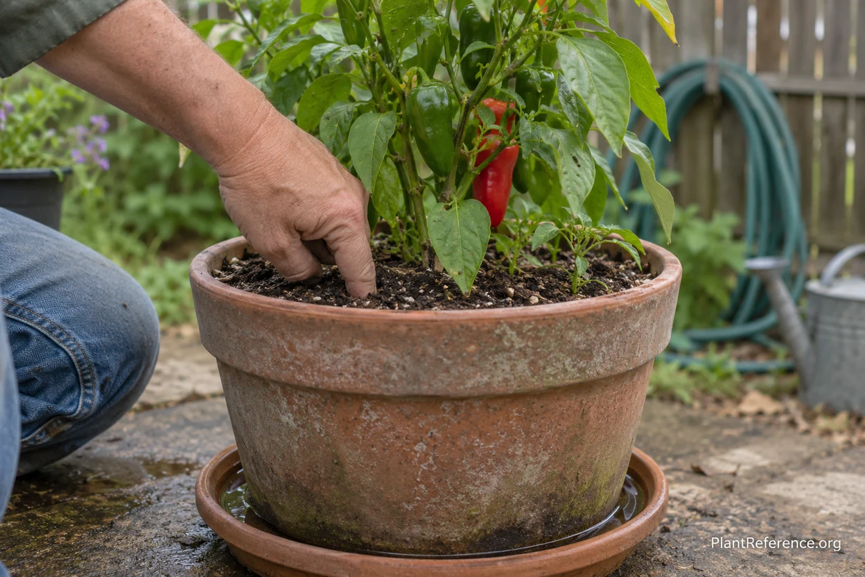 Gardener pushing a finger into container soil to check moisture before watering