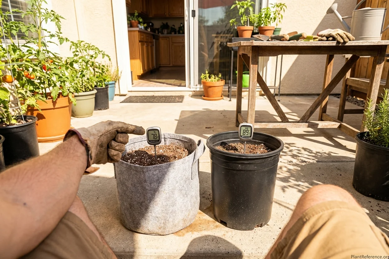 Fabric grow bag and plastic pot with soil thermometers showing temperature difference for tomato growing