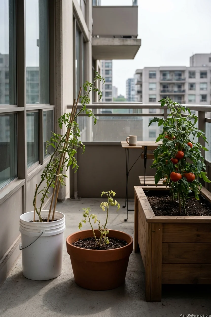 Different container shapes for tomatoes showing how depth and width affect plant stability and growth