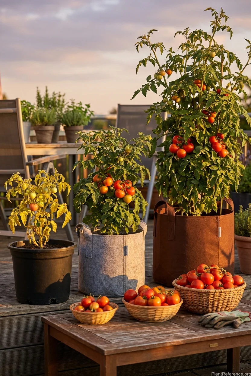 Determinate tomato plants in 5, 10, and 15 gallon containers showing different growth and fruit production
