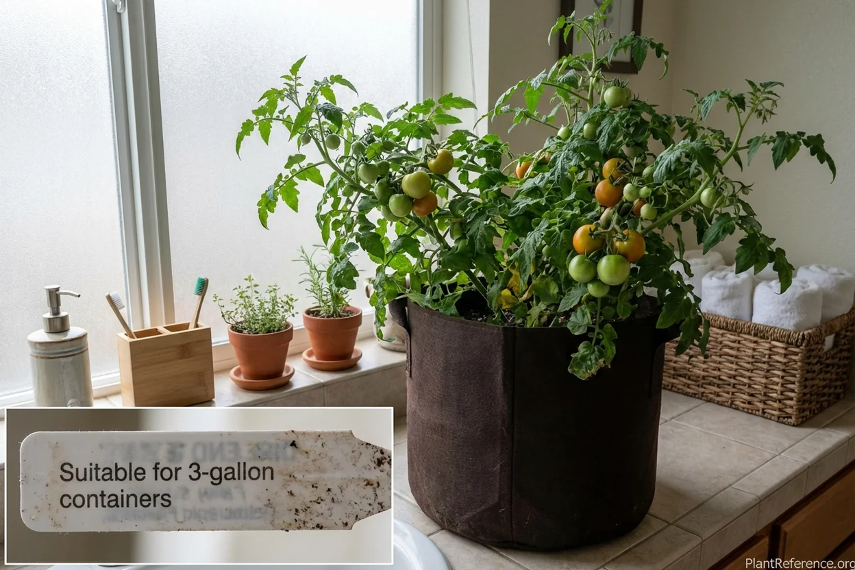 Tomato plant tag showing small container recommendation next to actual large container needed for success