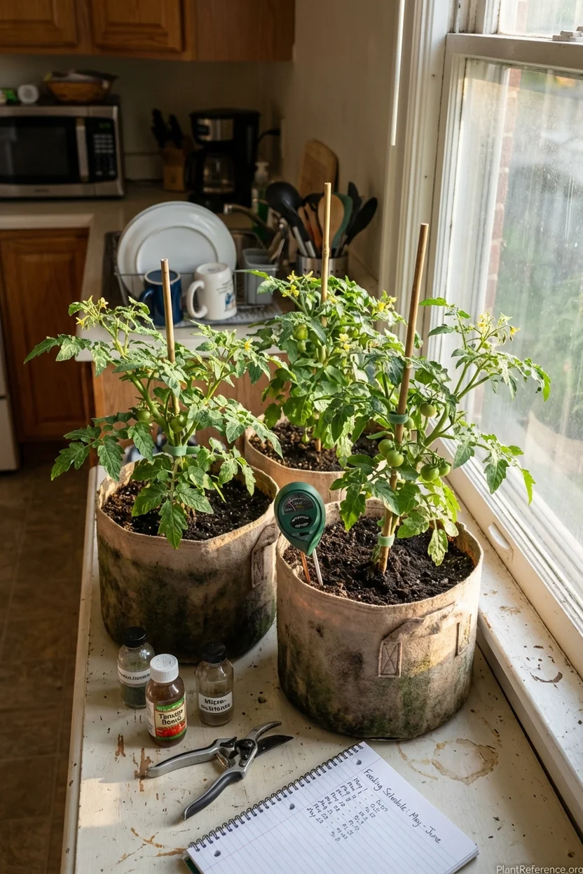 Small container tomato care setup with moisture meter, fertilizer, and pruning tools for maximum productivity